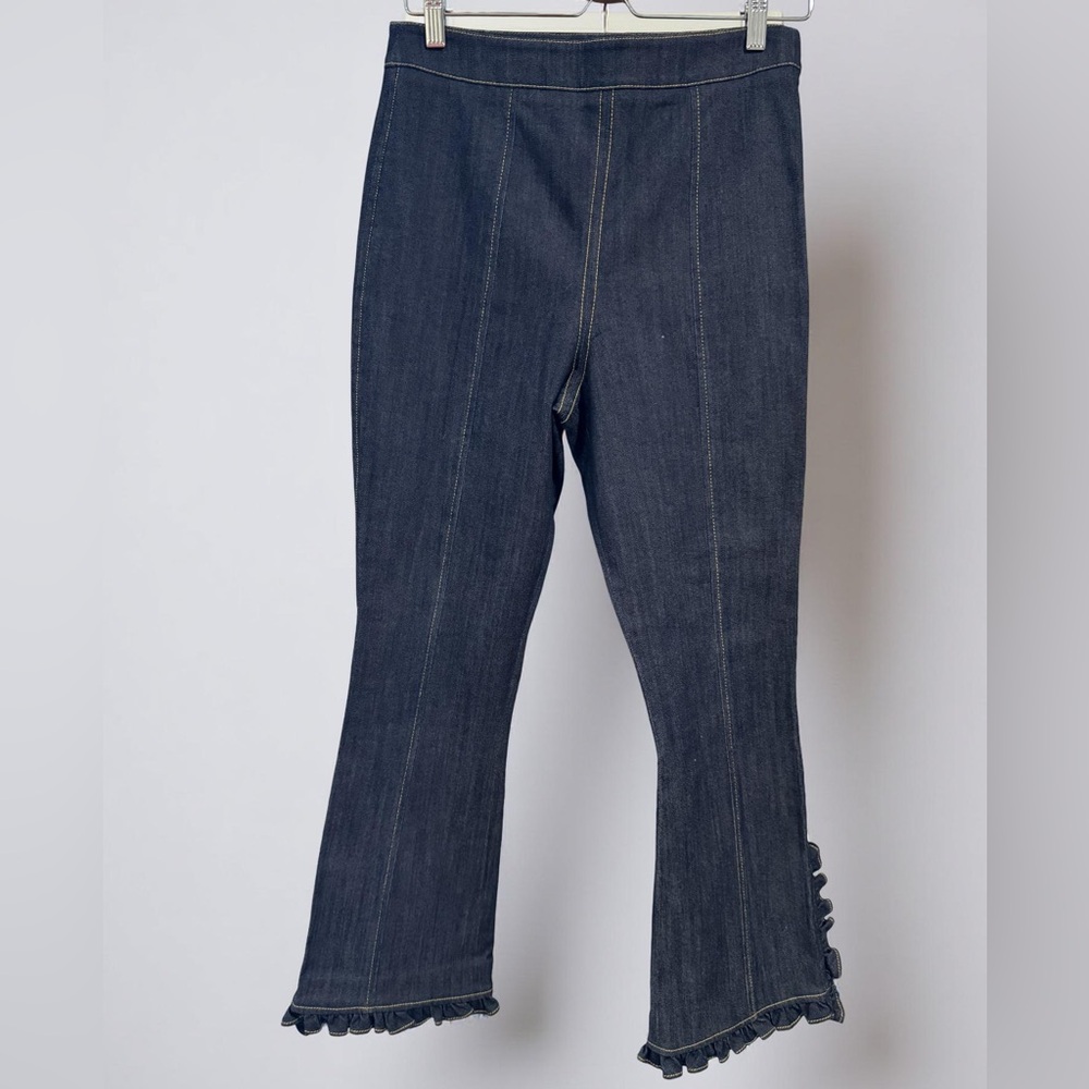 Cinq a Sept Flare Dark Wash Blue Wide Leg Jeans with Ruffle Hem Detail size 8